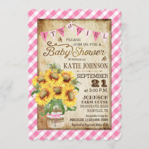 Country Zonnebloemen Gingham Check Girl Baby showe Kaart
