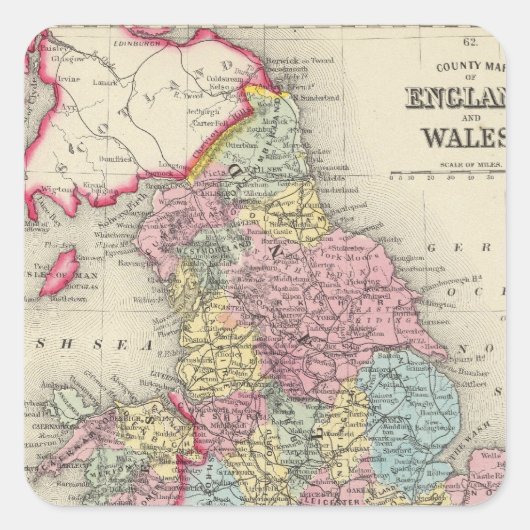 County Map of England and Wales Vierkante Sticker (Voorkant)