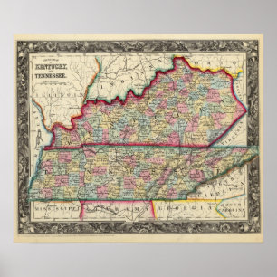 County Map of Kentucky en Tennessee Poster