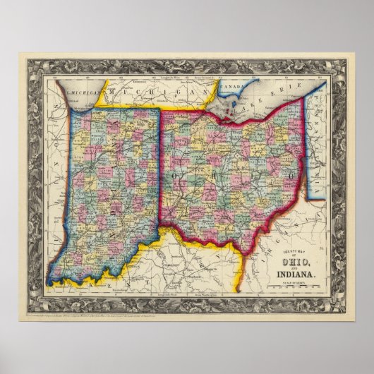 County Map Of Ohio, And Indiana Poster (Voorkant)
