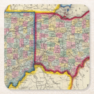 County Map of Ohio, en Indiana Vierkante Kartonnen Onderzetter