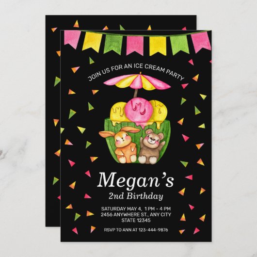 Coupe de crème glacée Confetti Invitation fête d'a (Devant / Derrière)