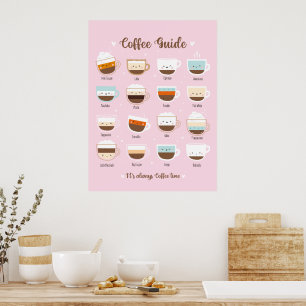 Coupes de café mignonnes sur affiche rose pâle