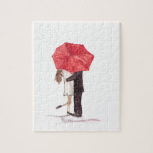 Couple amoureux sous le puzzle parapluie rouge