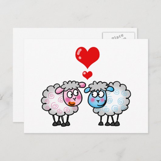 Couple de mouton mignon avec les coeurs - Carte d' (Devant / Derrière)