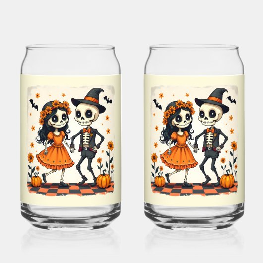 Couple de squelette d'Halloween mignon en orange (Recto)