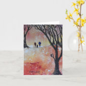 Couple marchant le chien petite carte pliée (Fleur jaune)