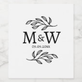 Couple Monogram Wedding Date Elegant Botanical Wijn Etiket (Enkel label)
