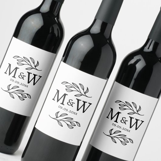 Couple Monogram Wedding Date Elegant Botanical Wijn Etiket