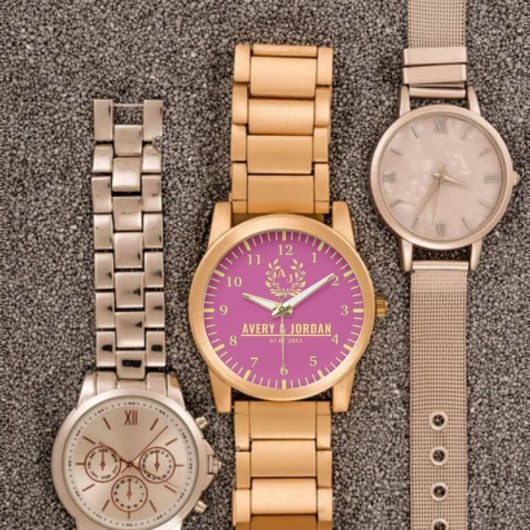 Couple Names Monogram Yellow & Pink Elegant Horloge