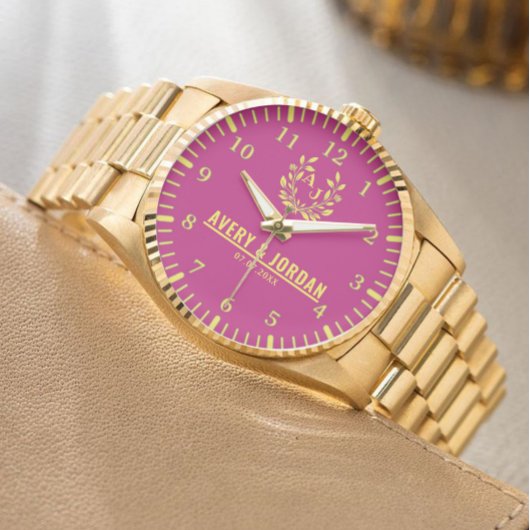 Couple Names Monogram Yellow & Pink Elegant Horloge