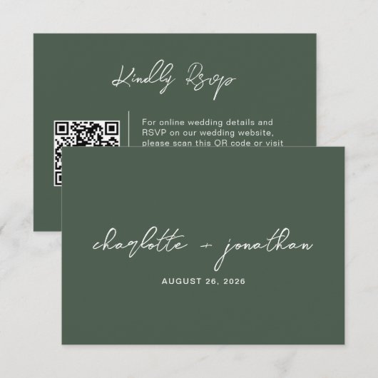 Couple Nom Dark Green QR Code Mariage RSVP (Devant / Derrière)