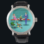 Couple rétro avec montre de chien<br><div class="desc">Ce Couple Rétro avec Montre de Chien ressemble à une scène d'une comédie romantique. Le style des années 1960, design minimaliste, dispose d'un couple séduisant qui profite d'une soirée romantique à la maison. La salle sophistiquée est dotée d'un aqua et d'une cheminée en brique turquoise avec une corniche rouge vif....</div>