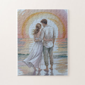 Couple sur la plage au coucher du soleil puzzle
