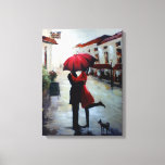 Couple vintage avec parapluie et canevas de chien<br><div class="desc">Réplique toile enveloppée d'un couple amoureux tenant parapluie rouge dans la ville méditerranéenne avec un petit Terrier écossais</div>