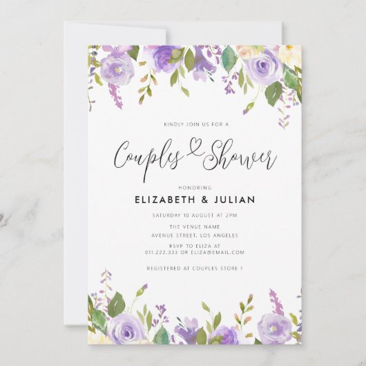 couples à fleurs violettes invitation à la douche (Devant)