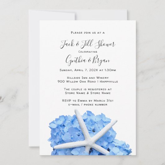 Couples Douche bleu Hydrangea Starfish Invitation (Devant)