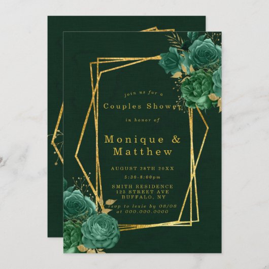 Couples Floraux Géométriques Or Vert Invitations d (Devant / Derrière)