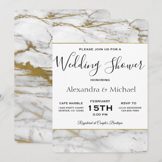 Couple's Shower White & Gold Marble Invitation Kaart (Voorkant / Achterkant)
