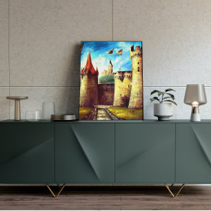 Cour du château coloré avec affiche du village