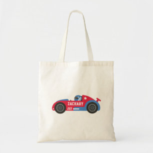Coureur in rood blauw en wit raceauto kindernaam tote bag
