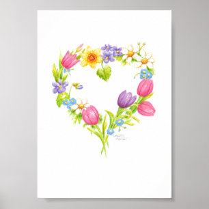 Couronne Affiche Aquarelle Cœur Fleurs 5 x 7