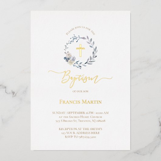 couronne bleu poussiéreux Baptême Foil Invitation (Recto)