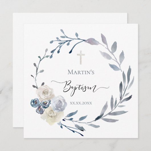couronne bleu poussiéreux Baptême Invitation (Devant / Derrière)