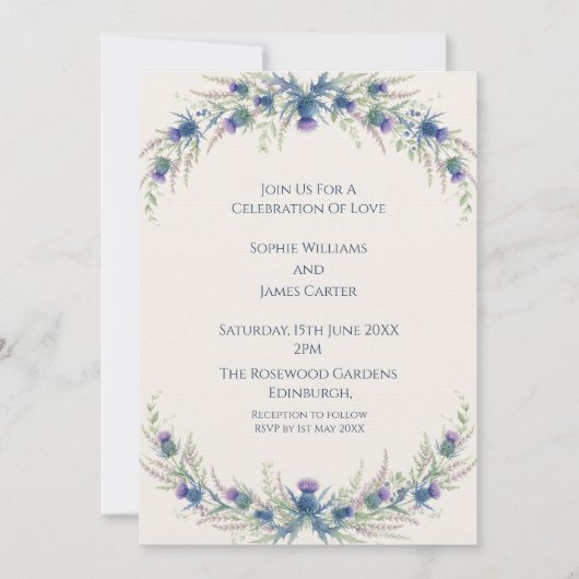 Couronne de Chardons Bleus Invitation de Mariage (Devant)
