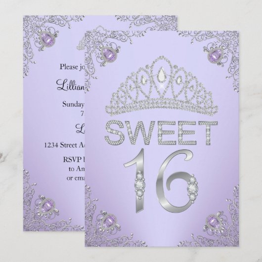 Couronne de diamant violet joli Invitation douce 1 (Devant / Derrière)