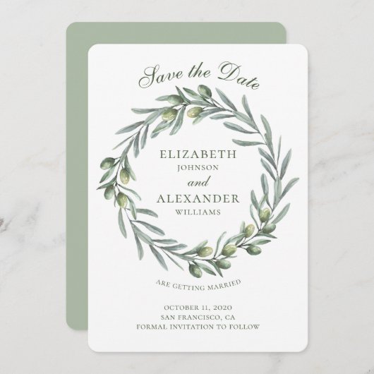 Couronne de feuilles d'olive. Faire-part de mariag (Devant / Derrière)