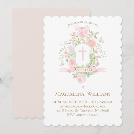 couronne de fleurs | Invitation de baptême (Devant / Derrière)