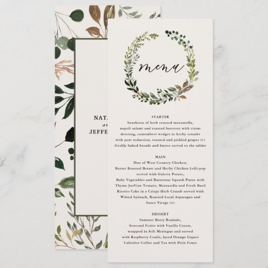 Couronne de fleurs mariage menu aquarelle verte (Devant / Derrière)