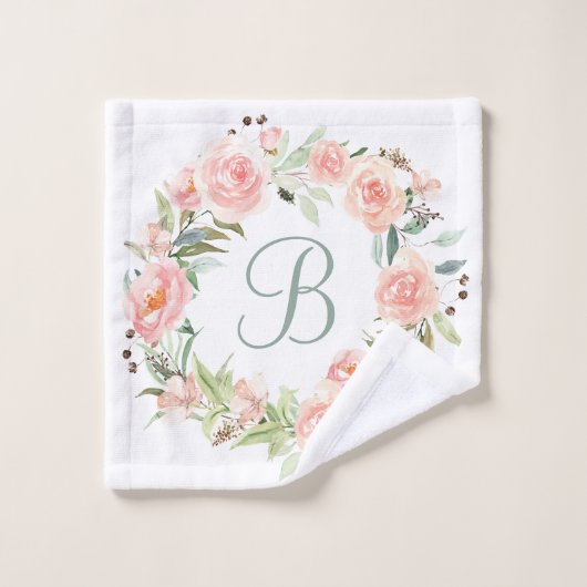 Couronne de fleurs rose pastel monogrammée (Gant de toilette)