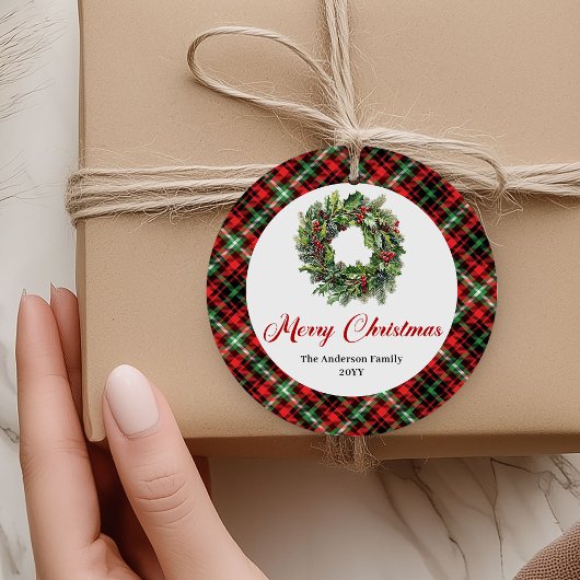 Couronne de Noël en pin rustique étiquette personn