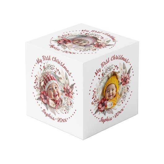 Couronne de Noël, fleurs rouges, baies photo cube (Angle devant)