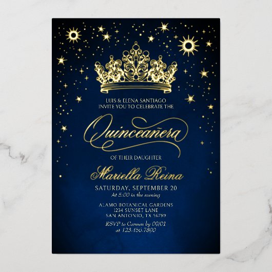 Couronne Diadème Navy Or Invitation Quinceañera (Recto)
