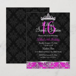 Couronne en Damas noir rose chaud Invitation Sweet