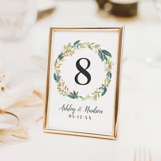 Couronne florale de table en or vert Carte numérot