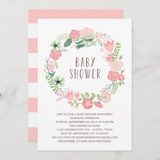 Couronne florale | Invitation à une baby shower (Devant / Derrière)