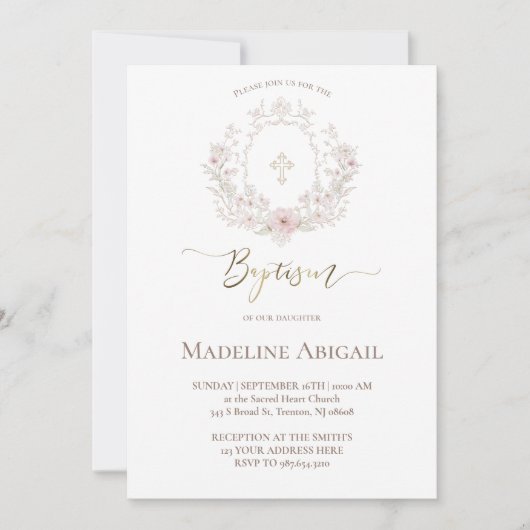 couronne florale | Invitation de baptême (Devant)