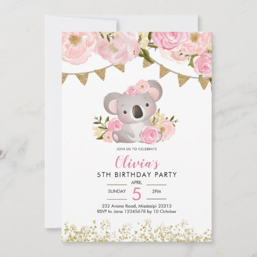 Couronne rose florale Koala Invitation d'anniversa (Devant)