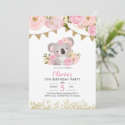 Couronne rose florale Koala Invitation d'anniversa (Debout devant)