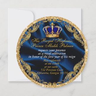 Couronne royale bleu et or et invitation en soie