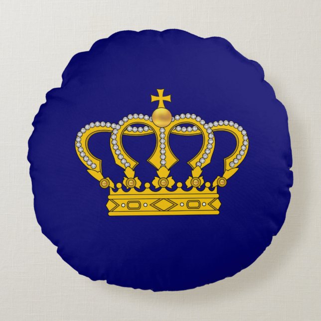 Couronne royale d'or sur Coussin rond bleu royal (Devant)