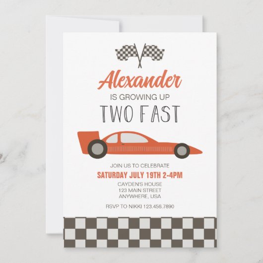 Course Car Two Fast 2nd Birthday Invitation (Devant)