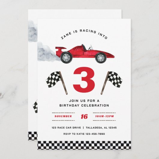 Course en 3 Invitation d'anniversaire (Devant / Derrière)