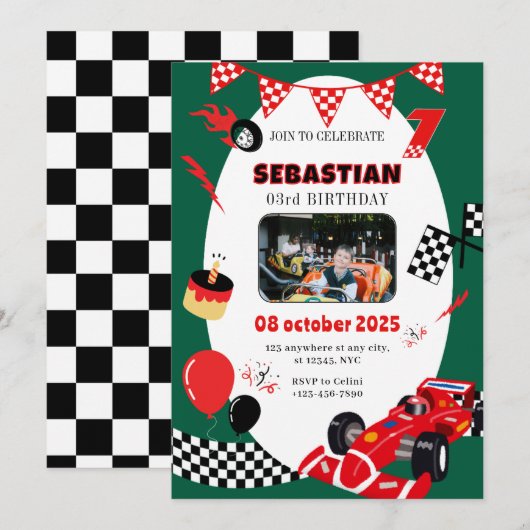Course verte et noire Invitation d'anniversaire - (Devant / Derrière)