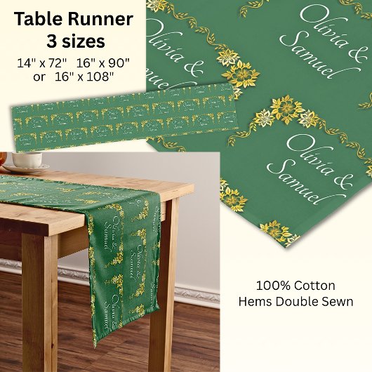 Court Chemin de table avec noms vert émeraude et or