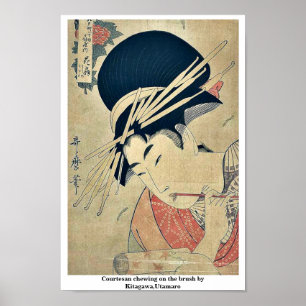 Courtesan kauwt op de borstel door Kitagawa, Utama Poster